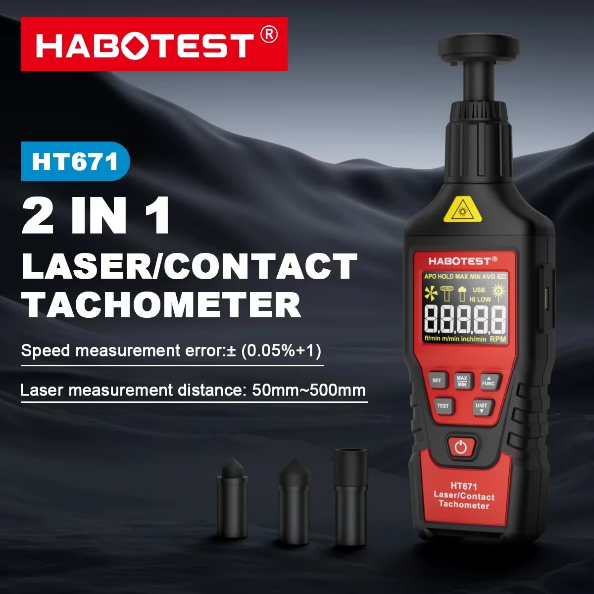 Industrial Laser Tachometer - HABOTEST HT671 2-in-1 Digital Tachometer Contact